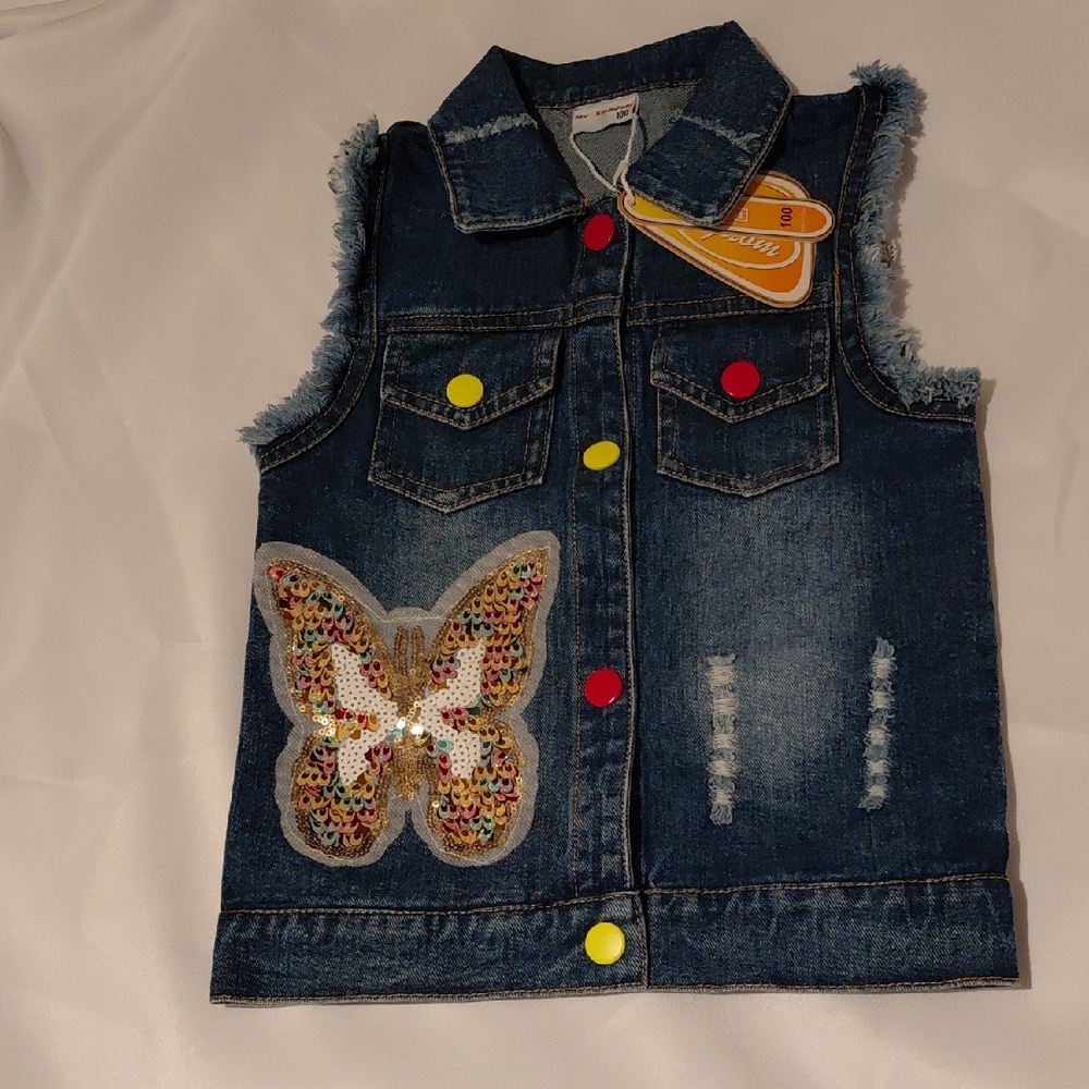 Mud Kingdom 100 Kids Denim Vest with Sequin Butterfly